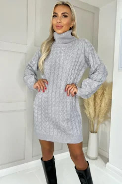 Grey Roll Neck Cable Knit Dress