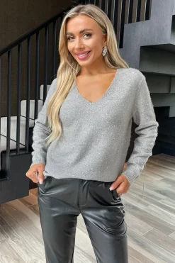 Grey Sequin Detail V-Neck Jumper
