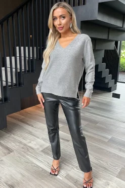 Grey Sequin Detail V-Neck Jumper