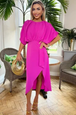 Hot Pink Batwing Top Wrap Skirt Midi Dress