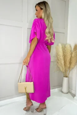 Hot Pink Batwing Top Wrap Skirt Midi Dress