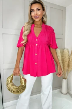 Hot Pink Button Up Ruched Detail Smock V-Neck Top