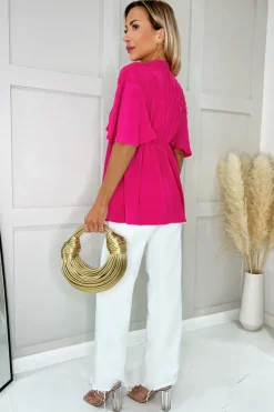 Hot Pink Button Up Ruched Detail Smock V-Neck Top