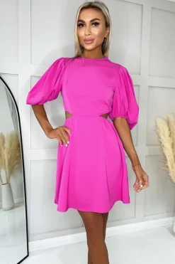 Hot Pink Cut Out Round Neck Mini Dress