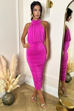 Hot Pink Halter Neck Ruched Bodycon Midi Dress
