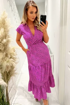 Hot Pink Heart Print Collared Smock Midi Dress