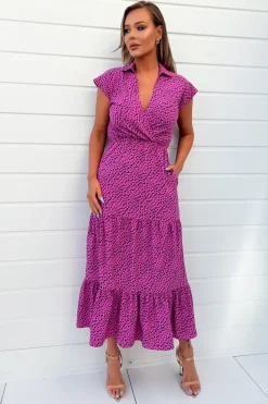 Hot Pink Heart Print Collared Smock Midi Dress