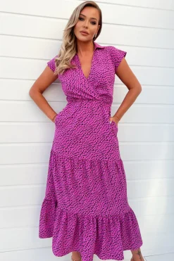 Hot Pink Heart Print Collared Smock Midi Dress