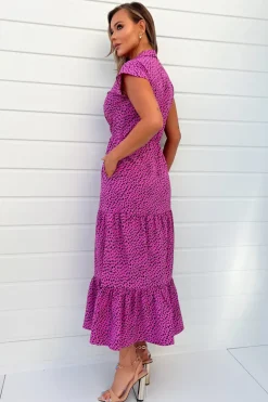 Hot Pink Heart Print Collared Smock Midi Dress