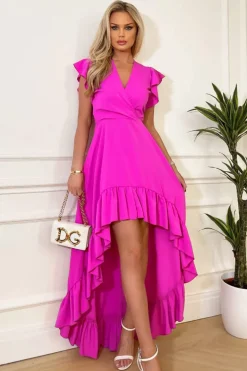 Hot Pink High Low Frill Hem V Neck Midi Dress