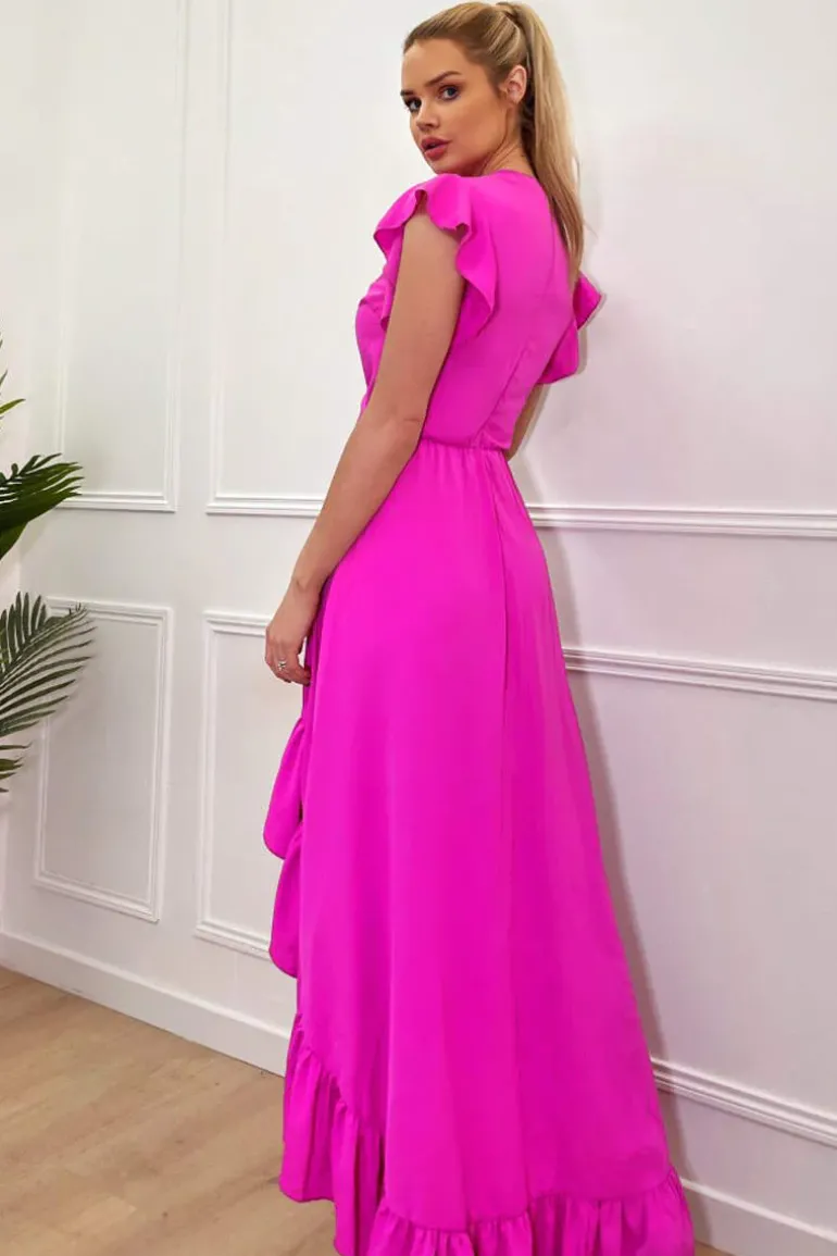 Hot Pink High Low Frill Hem V Neck Midi Dress