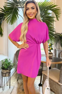 Hot Pink High Neck Gathered Waist Detail Shift Dress