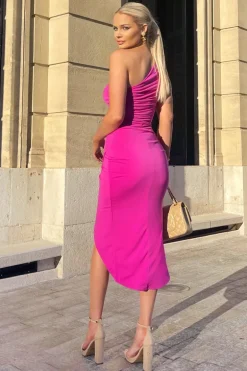 Hot Pink One Shoulder Draped Wrap Skirt Midi Dress