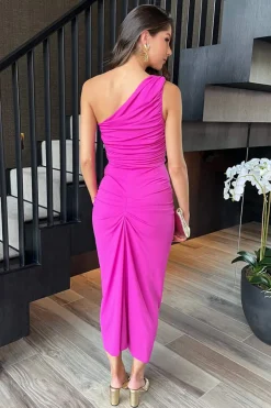 Hot Pink One Shoulder Knot Skirt Midi Dress