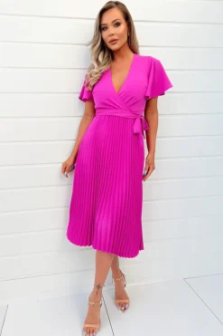 Hot Pink Pleated Midi Dress with Tie Waist