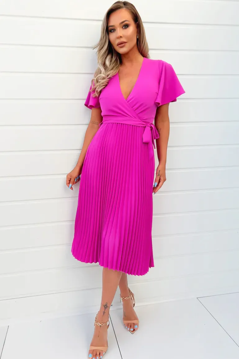 Hot Pink Pleated Midi Dress with Tie Waist