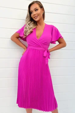 Hot Pink Pleated Midi Dress with Tie Waist