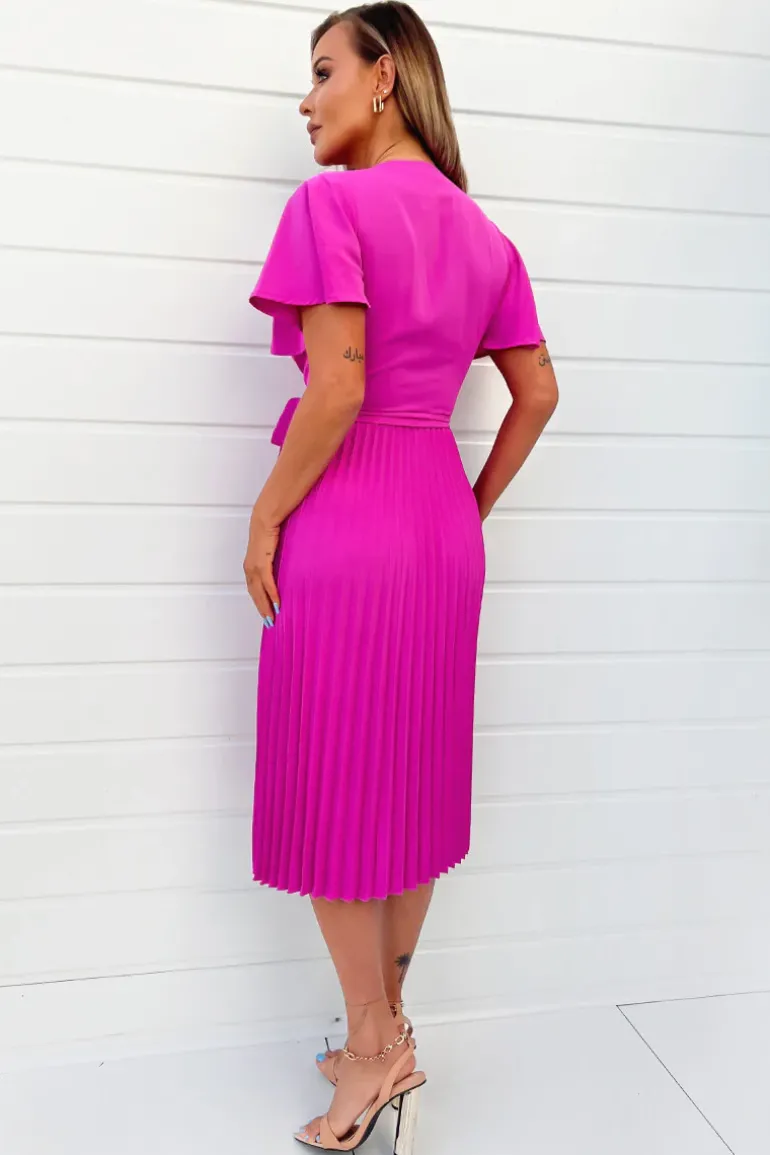 Hot Pink Pleated Midi Dress with Tie Waist