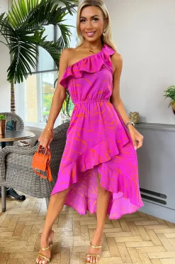 Hot Pink Printed One Shoulder Frill Detail Dipped Hem Dress