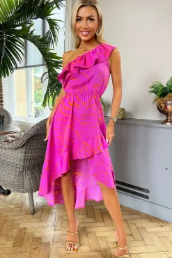 Hot Pink Printed One Shoulder Frill Detail Dipped Hem Dress