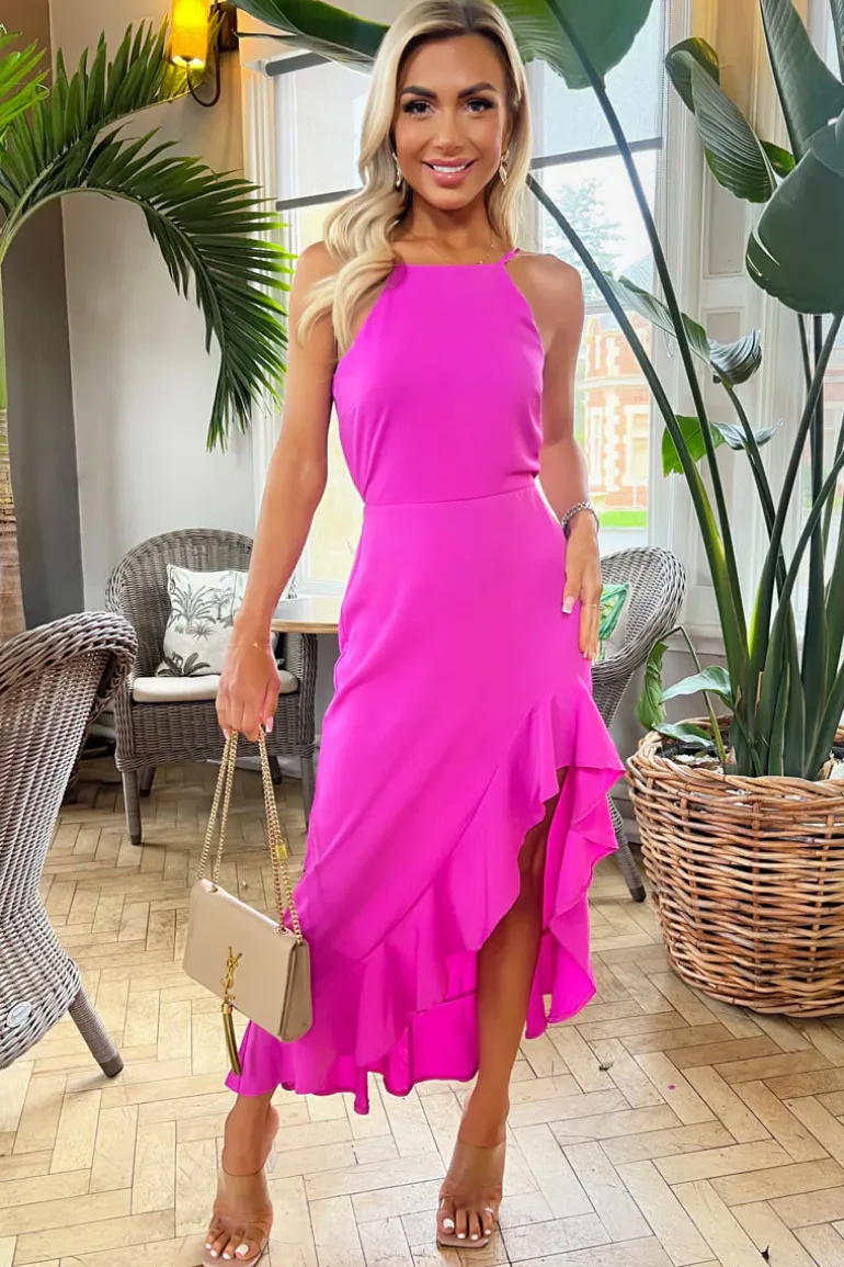 Hot Pink Racer Neck High Low Frill Hem Midi Dress