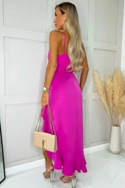 Hot Pink Racer Neck High Low Frill Hem Midi Dress
