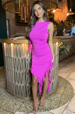 Hot Pink Ruched Asymmetrical Frill Midi Dress With Flower Detail