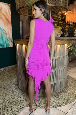 Hot Pink Ruched Asymmetrical Frill Midi Dress With Flower Detail