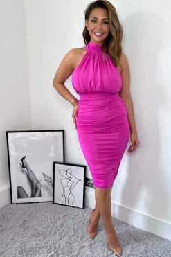 Hot Pink Ruched High Neck Midi Dress