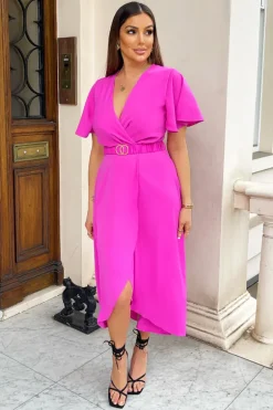 Hot Pink Short Sleeve Belted Wrap Midi Dress