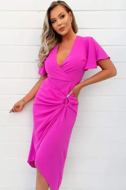 Hot Pink Short Sleeve V-Neck Buckle Wrap Midi Dress