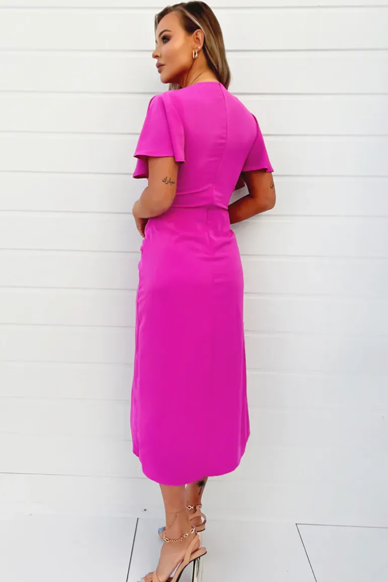 Hot Pink Short Sleeve V-Neck Buckle Wrap Midi Dress