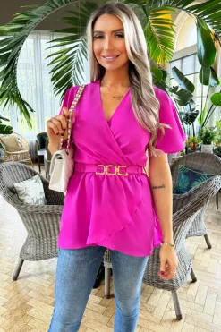 Hot Pink Short Sleeve Wrap Belted Top