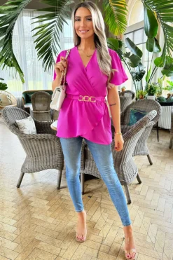 Hot Pink Short Sleeve Wrap Belted Top