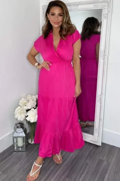 Hot Pink Short Sleeved V-Neck Midi Smock Dress