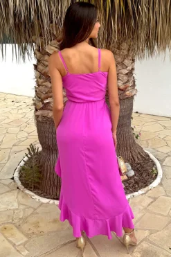 Hot Pink Strappy High Low Frill Hem Midi Dress