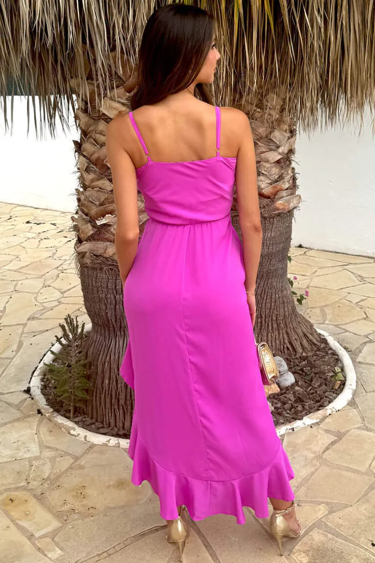 Hot Pink Strappy High Low Frill Hem Midi Dress