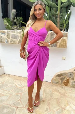 Hot Pink Strappy Wrap Top Gathered Skirt Midi Dress