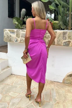 Hot Pink Strappy Wrap Top Gathered Skirt Midi Dress