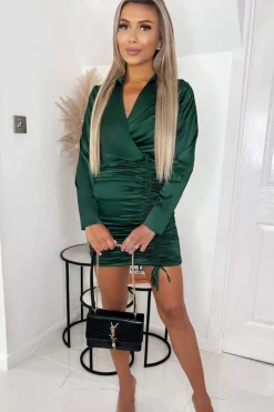 Jade Green Satin Long Sleeve Wrap Top Ruched Mini Dress