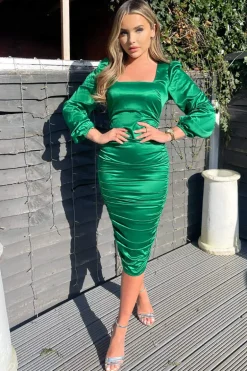 Jade Green Satin Square Neck Ruched Dress