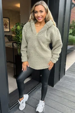 Khaki 1/4 Zip Teddy Hoodie