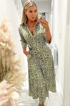 Khaki And Cream Print Shirt Midi Dress