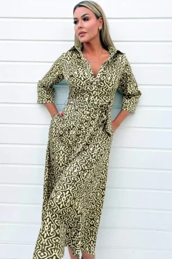 Khaki And Cream Print Shirt Midi Dress