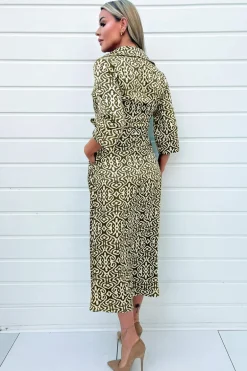 Khaki And Cream Print Shirt Midi Dress