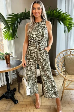 Khaki And Cream Printed Knot Front Jumpsuit