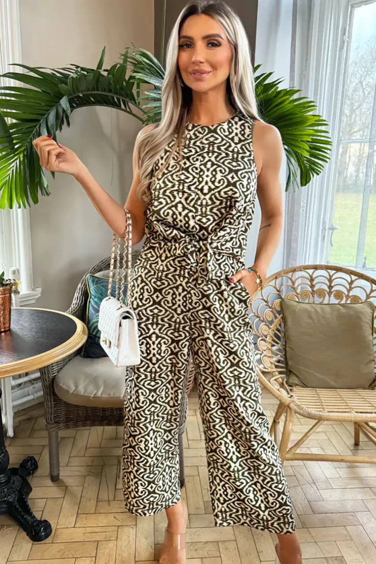 Khaki And Cream Printed Knot Front Jumpsuit
