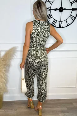 Khaki And Cream Printed Knot Front Jumpsuit