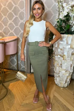 Khaki Belted Cargo Midi Skirt