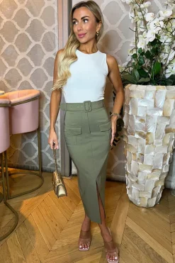 Khaki Belted Cargo Midi Skirt